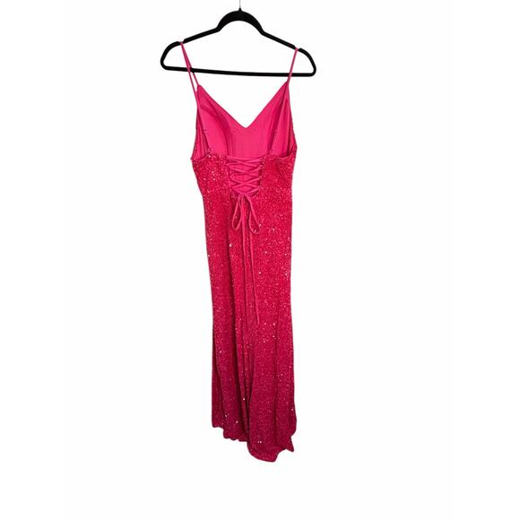 Hot Pink Sequin Formal Gown Size 12 Lace Up Back Maxi Dress Prom Evening Wedding - Picture 15 of 16